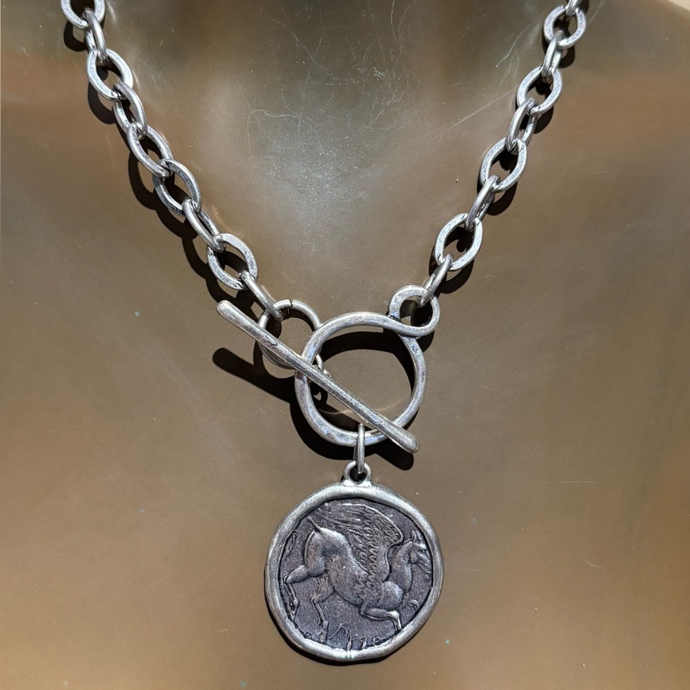 Bold Silver Chain Necklace with Pegasus Medallion